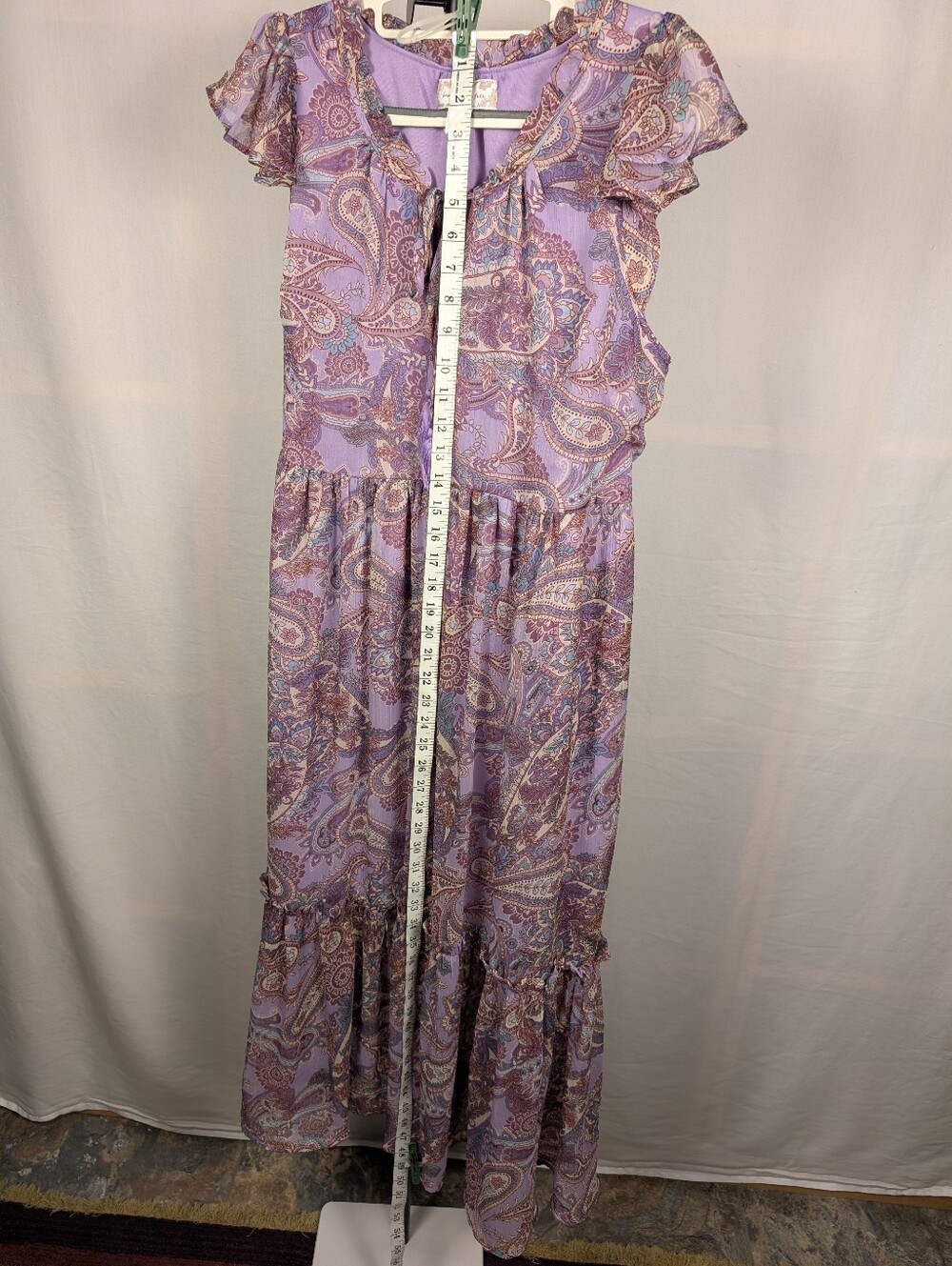 Land of the Free Lavender Paisley Boho Maxi Dress Size L Flutter Sleeve A-128 - Picture 7 of 16